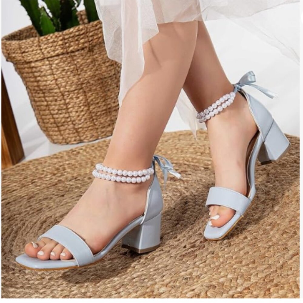 XYD Blue Pearls Ribbon Strap Sandals Tie-up Open Toe Low Block Wedding Sandals
